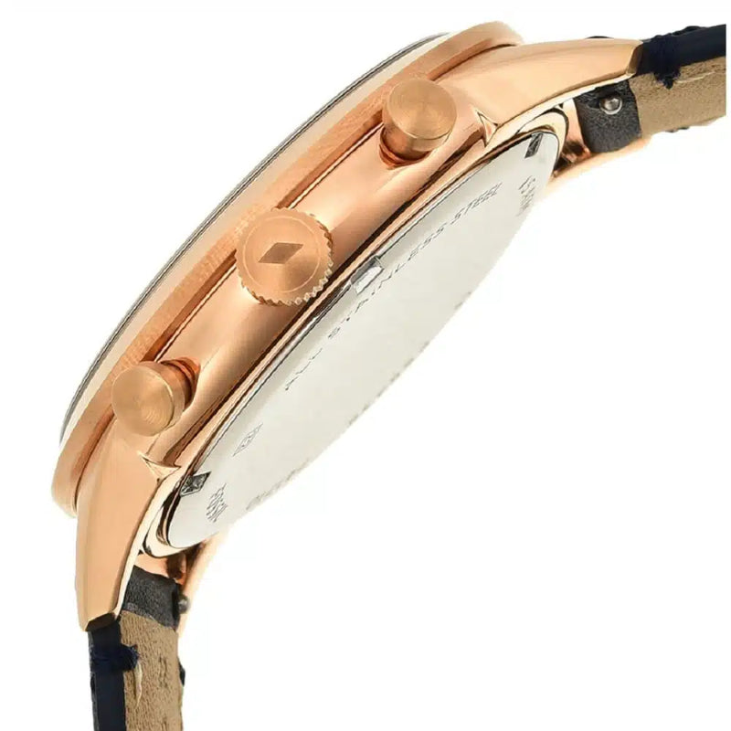 Rose gold watch with a white face on a white background