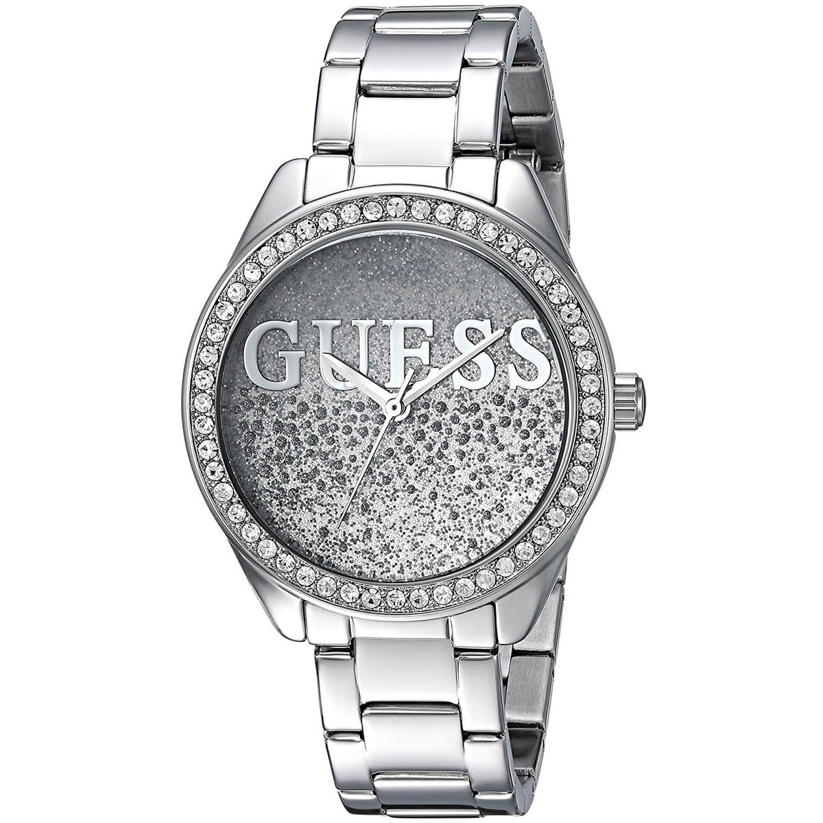 Angled view of the Guess W0987L1 highlighting the crystal set bezel and silver case