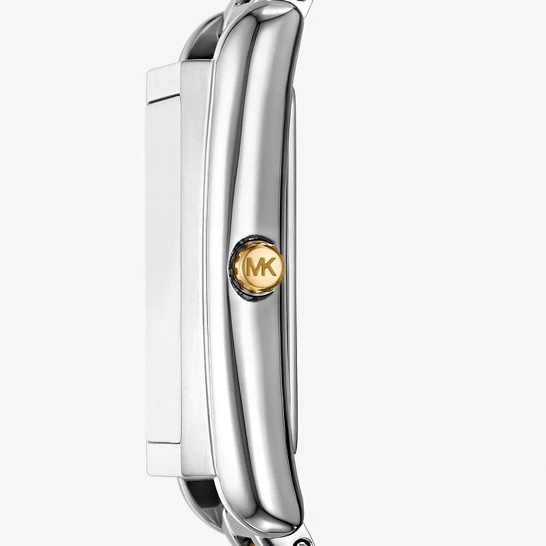 Right side profile view of the slim silver-tone rectangular case on the Michael Kors Emery watch