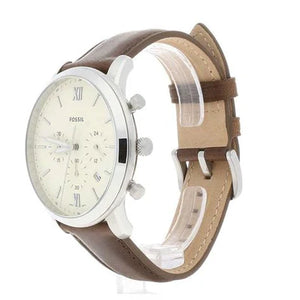 Fossil Neutra FS5380 silver chronograph watch with silver dial and brown leather strap - Angled real-life perspective - 04