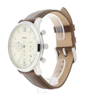 Fossil Neutra FS5380 silver chronograph watch with silver dial and brown leather strap - Angled real-life perspective - 04