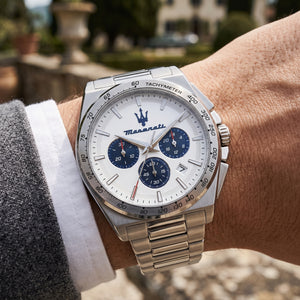 Live wrist shot of the Maserati Velocità R8873652007 men's chronograph watch with stainless steel bracelet.