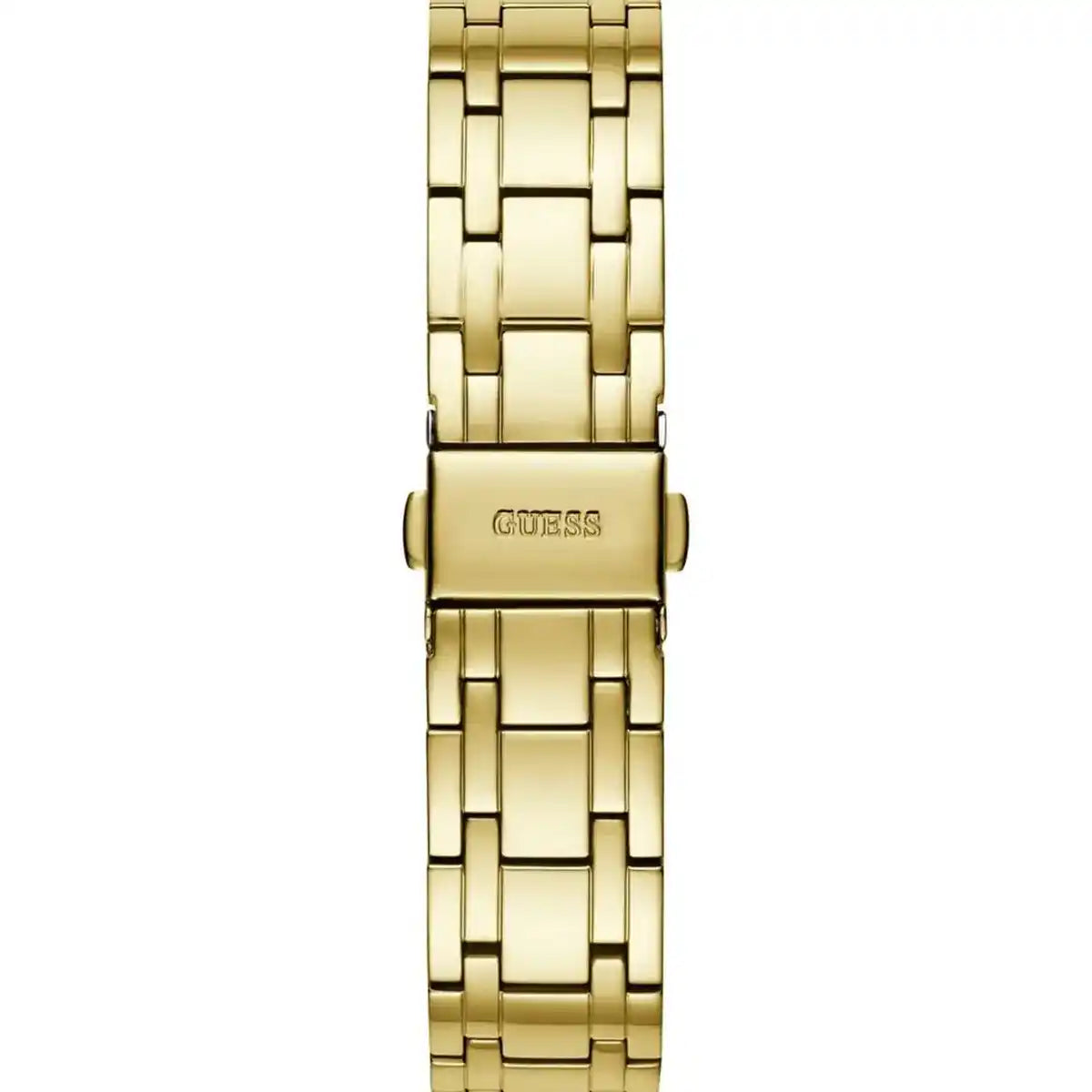 Detail of the gold-tone stainless steel bracelet and deployment clasp on Guess GW0033L8