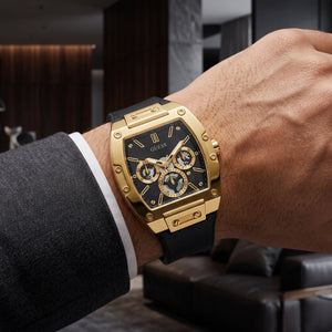 Front view of GUESS Phoenix GW0202G1 men's gold-tone and black multi-function watch
