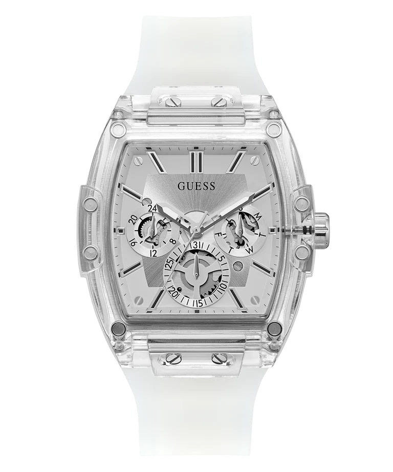 Guess Phoenix GW0203G1 Men's Multi-Function Watch – Silver Dial & Clear Rubber Strap