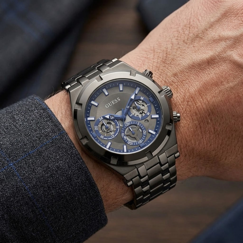 Guess GW0260G3 men's Continental gunmetal stainless steel multifunction watch on wrist