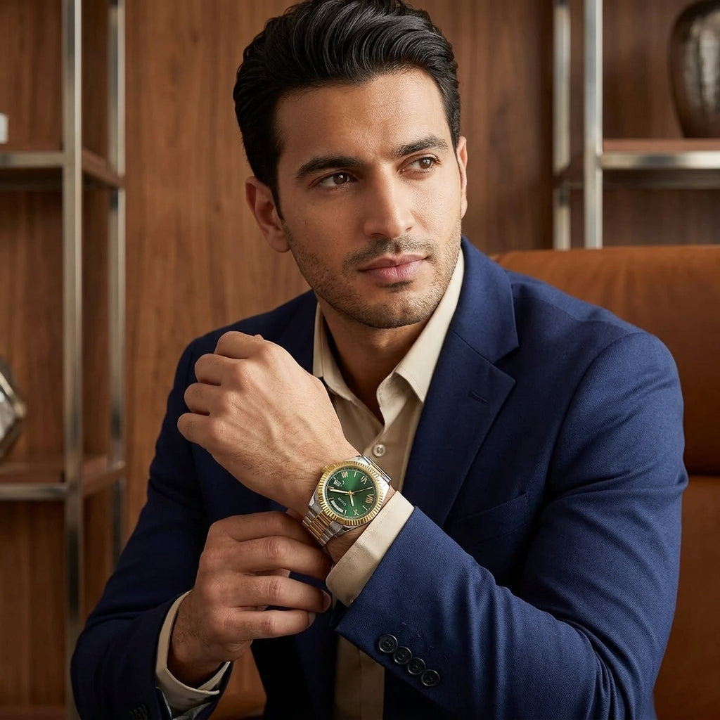 A man in a navy blue blazer and beige dress shirt wearing a gold-tone wristwatch with a green dial, posed in front of a warm wood-paneled background.