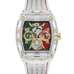 GUESS Phoenix GW0499G15 men's quartz multifunction watch with green and red dial and white silicone strap