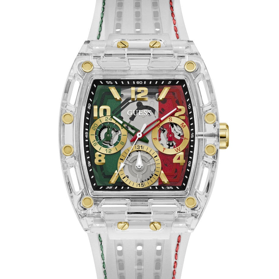 GUESS Phoenix GW0499G15 men's quartz multifunction watch with green and red dial and white silicone strap
