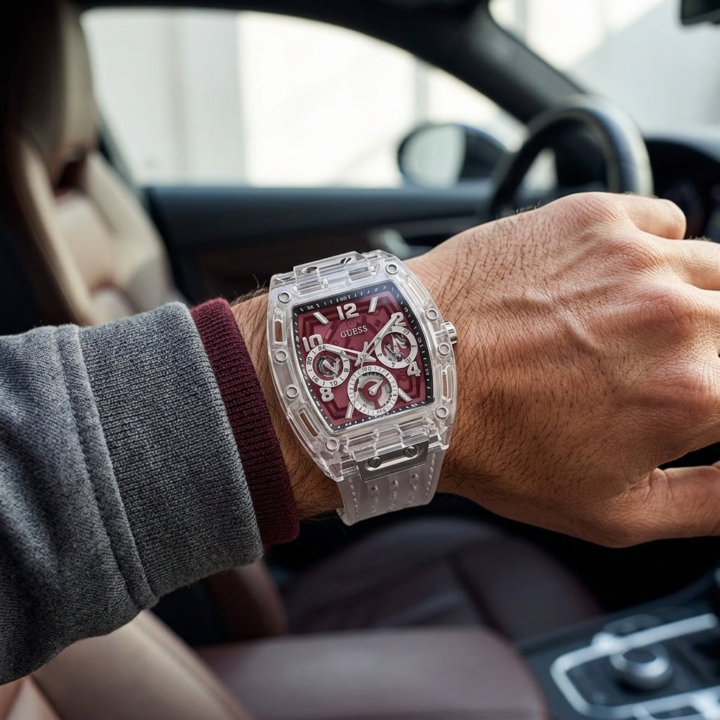 Front view of GUESS Phoenix GW0499G9 men's watch with burgundy multifunction dial