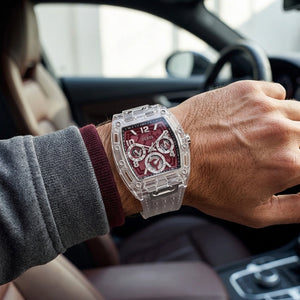 Front view of GUESS Phoenix GW0499G9 men's watch with burgundy multifunction dial
