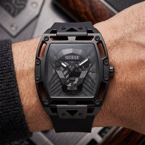 Front view of GUESS GW0500G2 men's Legend watch with black skeleton dial