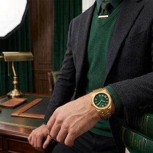 Guess GW0575G2 Asset men's gold-tone stainless steel watch lifestyle view with green dial
