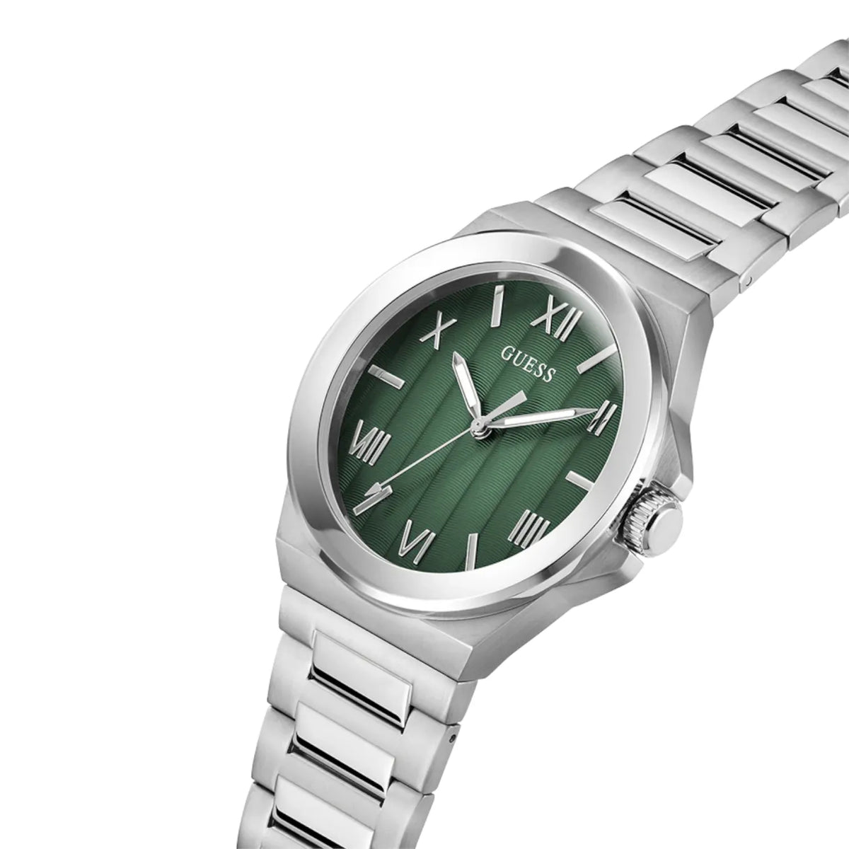 Silver watch with a green dial on a white background