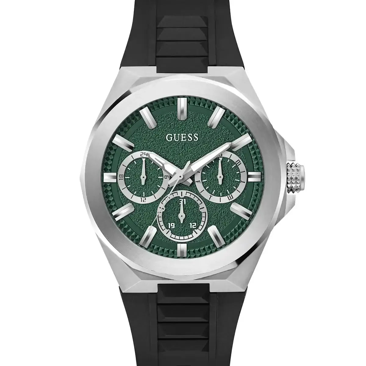 Guess GW0799G3 Dashboard men's silver recycled steel multifunction quartz watch with green dial and black silicone strap