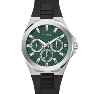 Guess GW0799G3 Dashboard men's silver recycled steel multifunction quartz watch with green dial and black silicone strap