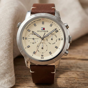 Tommy Hilfiger 1792102 Men’s Multi-Function Watch – Beige Dial & Brown Leather Strap - Luxury Hub Store