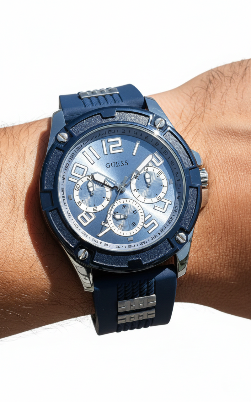 Guess Rig GW0051G4 Silver Tone Case Blue Rubber Strap Watch