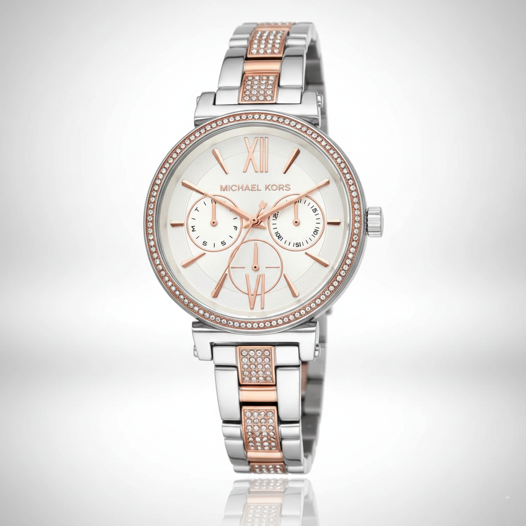 Michael Kors MK4353 Sofie Women’s Silver Rose Gold Chronograph Crystal Watch - Luxury Hub Store