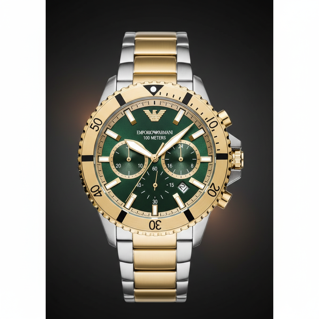 Emporio Armani AR11586 Men’s Green Dial Two-Tone Stainless Steel Diver Chronograph Watch - Luxury Hub Store