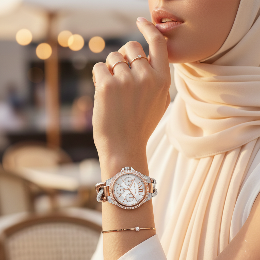 Michael Kors MK6843 Women’s Rose Gold & Silver Mini Camille Crystal Chain-Link Watch - Luxury Hub Store