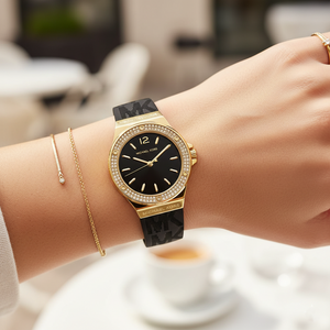 Michael Kors Lennox MK7281 Women’s Gold Case Black Silicone Strap Analog Watch - Luxury Hub Store