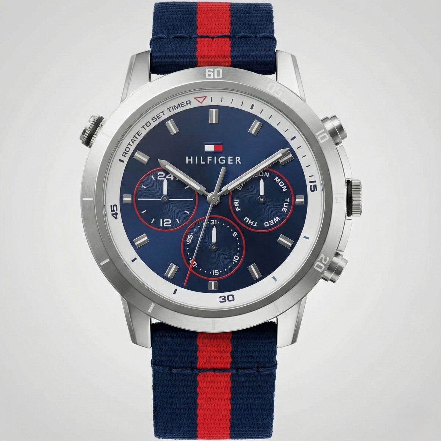 Tommy Hilfiger 1792124 Men’s Chronograph Watch – Blue Dial & Navy-Red Fabric Strap