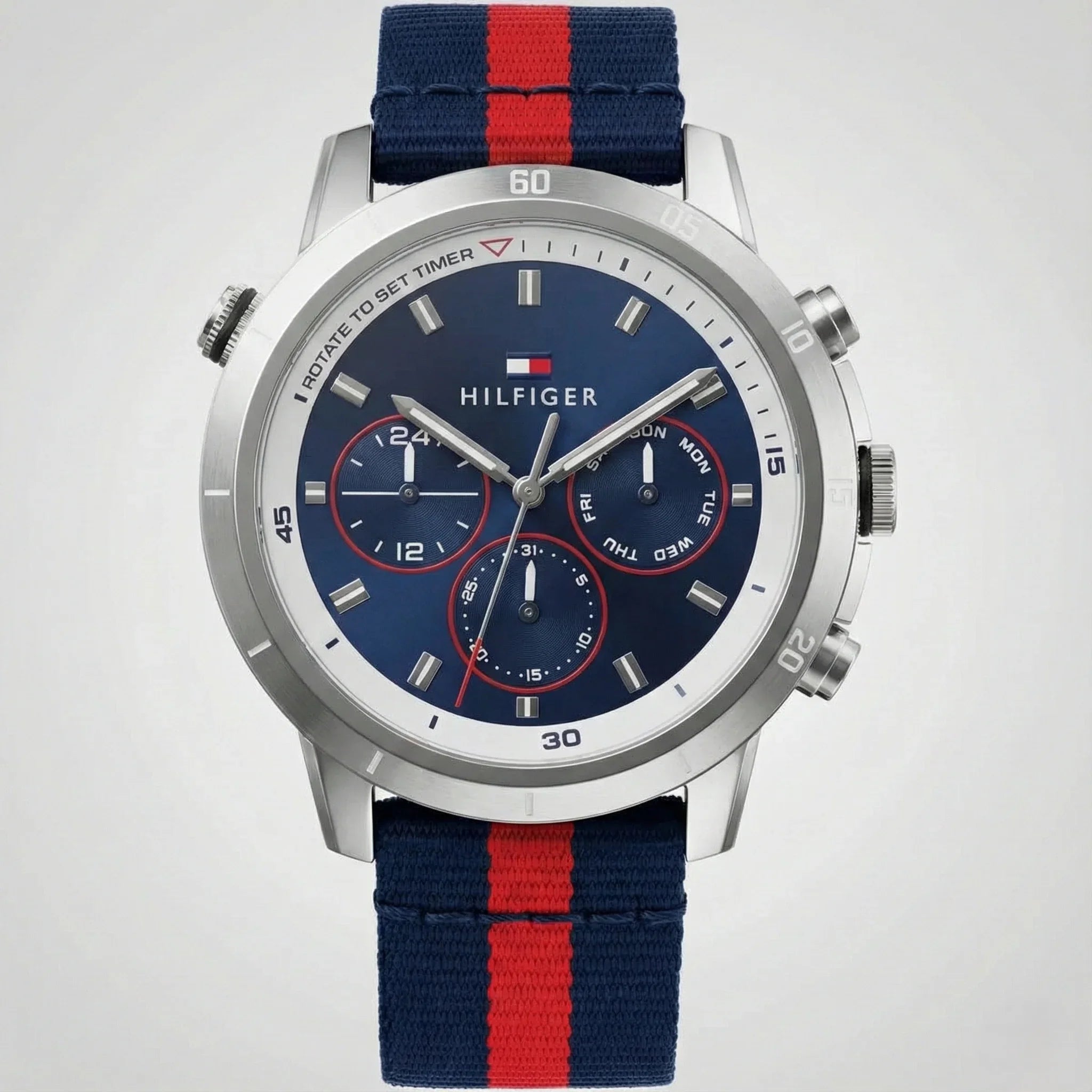 Tommy Hilfiger 1792124 Men’s Chronograph Watch – Blue Dial & Navy-Red Fabric Strap - Luxury Hub Store