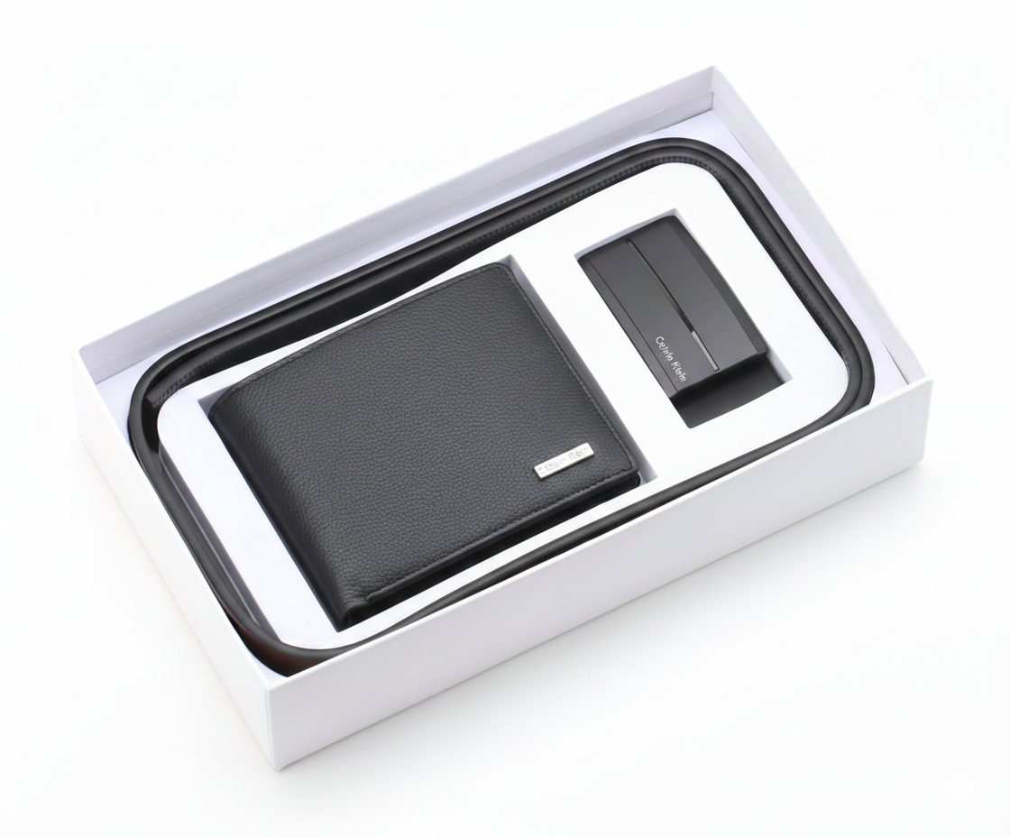 Calvin Klein Men's Gift Set | Black Pebble Leather Wallet & Matching Belt with Matte Black Buckle