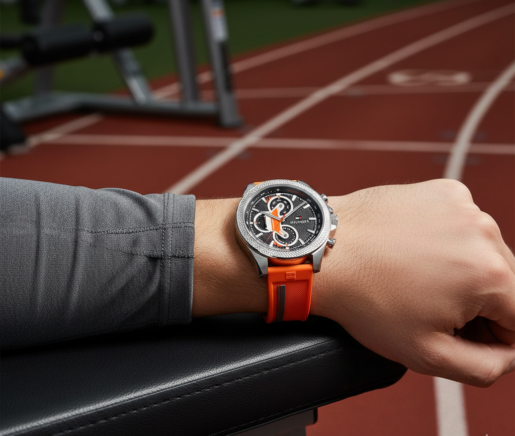 Tommy Hilfiger 1792084 Men's Sport Chronograph Watch – Black Dial with Orange Silicone Strap