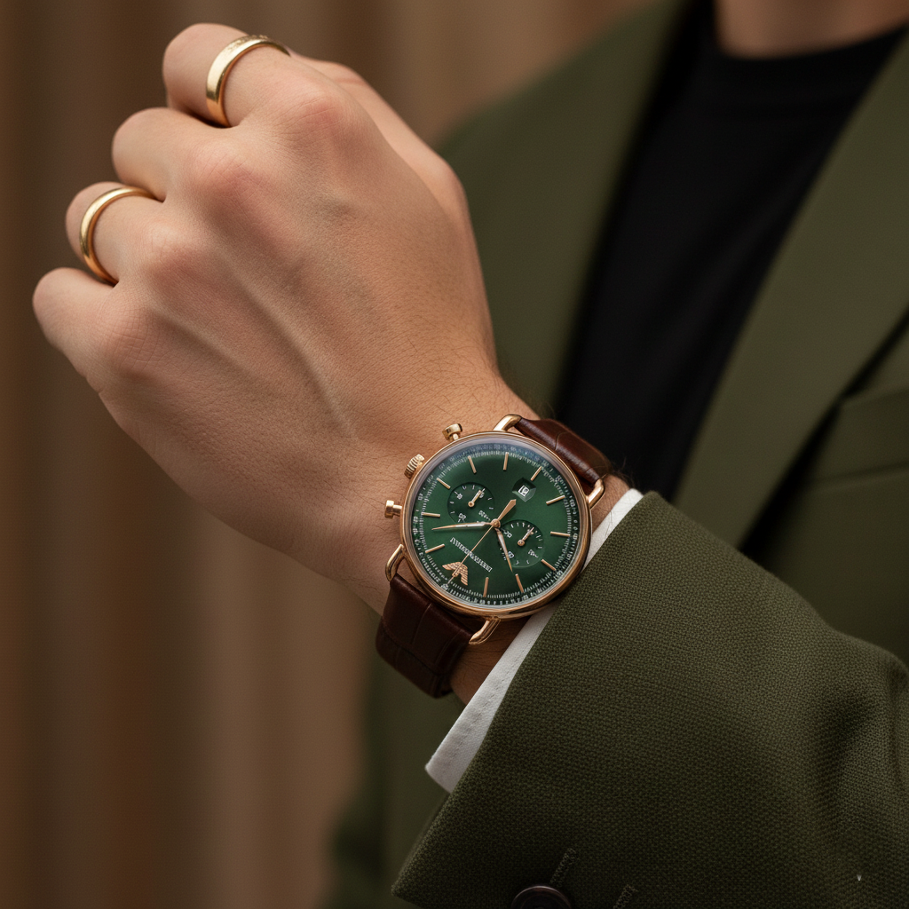 Emporio Armani AR11334 Men’s Green Dial Brown Leather Aviator Chronograph Watch - Luxury Hub Store