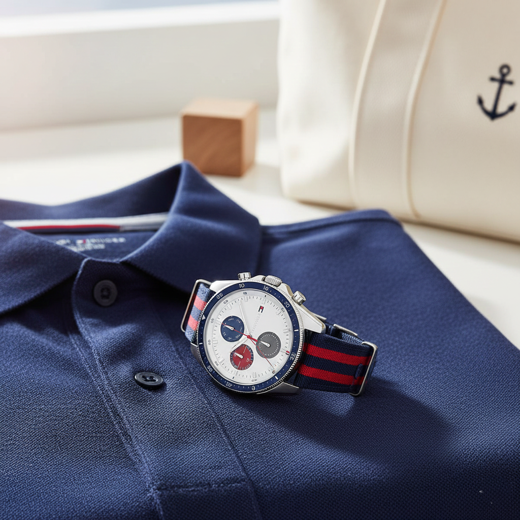 Tommy Hilfiger Men's Multi-Function Watch – Model 1792035 – White Dial with Navy & Red Fabric Strap