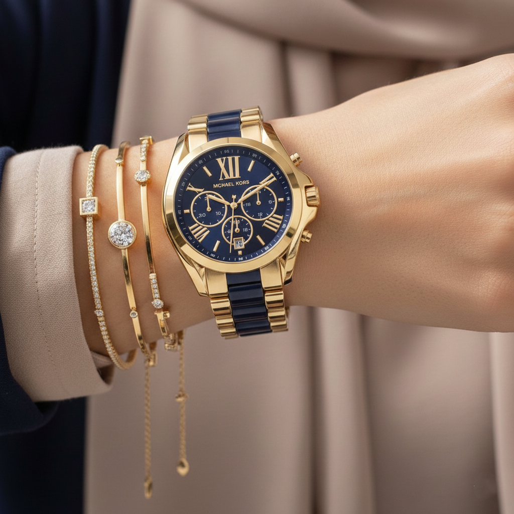 Michael Kors MK6268 Bradshaw Women’s Navy Blue Dial Gold Stainless Steel Chronograph Watch - Luxury Hub Store