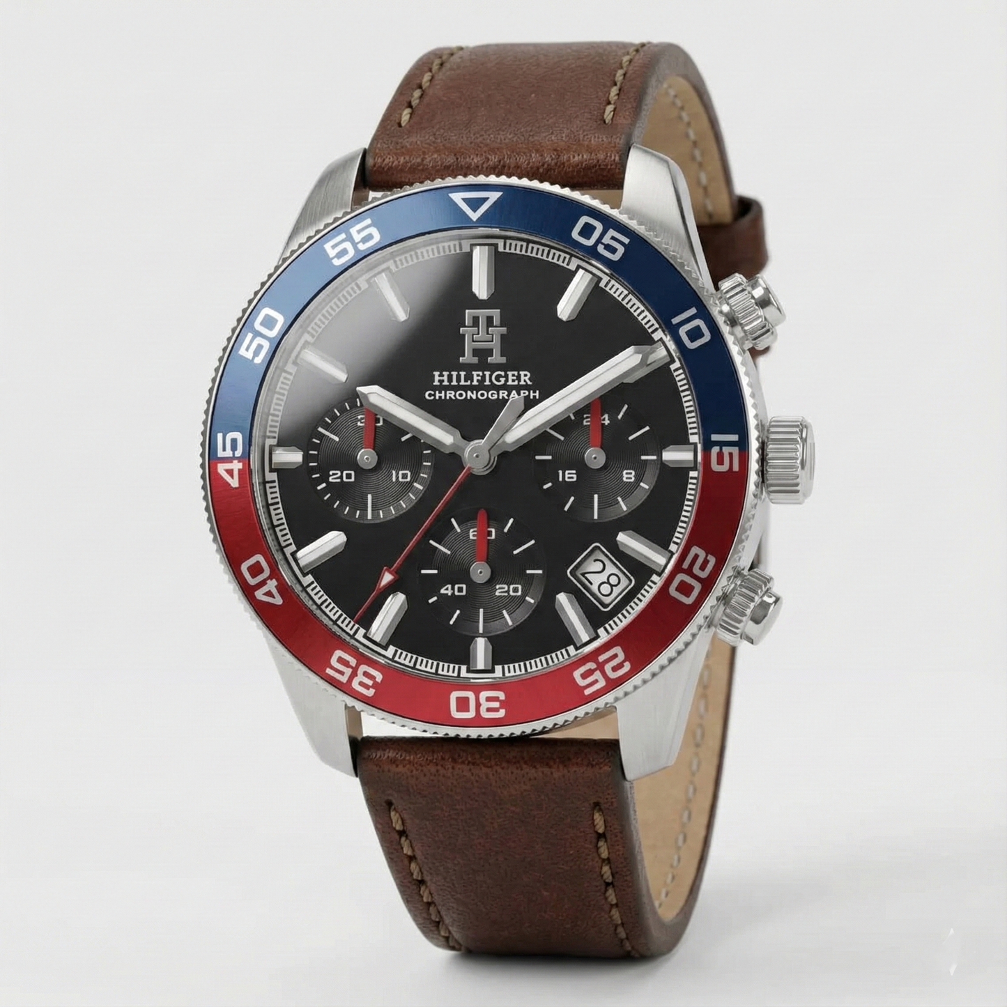 Tommy Hilfiger 1792166 Men’s Chronograph Watch – Black Dial, Pepsi Bezel & Brown Leather Strap
