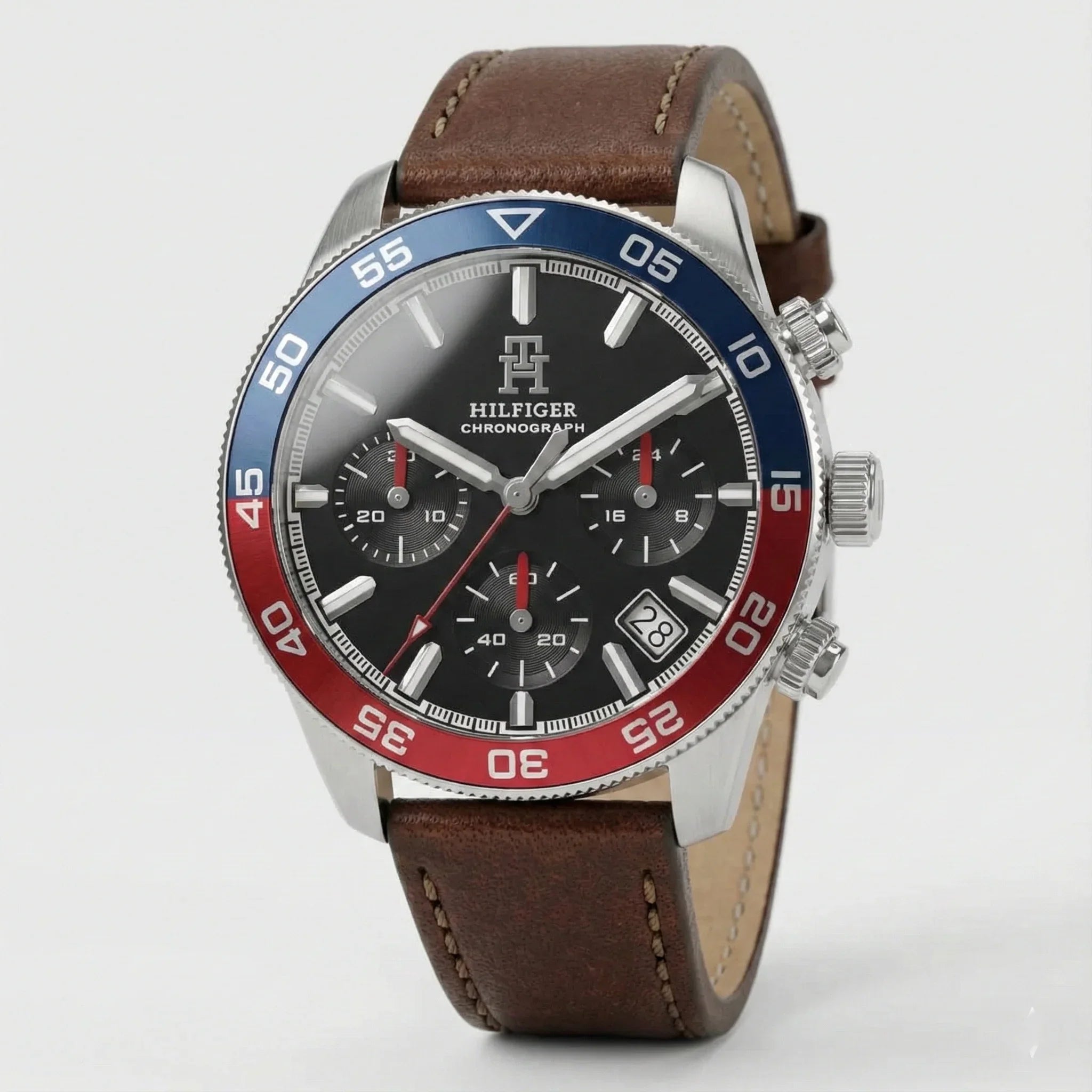 Tommy Hilfiger 1792166 Men’s Chronograph Watch – Black Dial, Pepsi Bezel & Brown Leather Strap - Luxury Hub Store