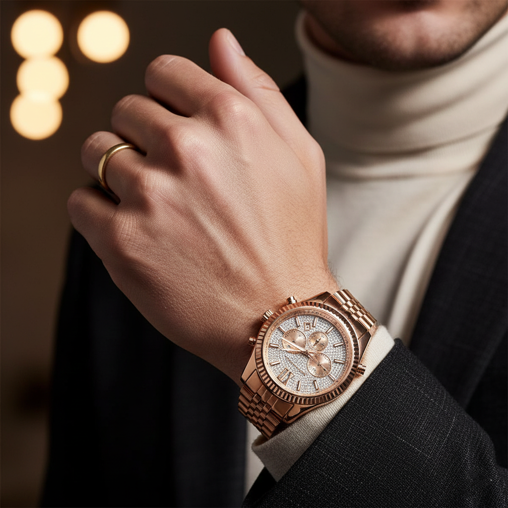 Michael Kors MK8580 Men’s Crystal Dial Rose Gold Stainless Steel Lexington Chronograph Watch - Luxury Hub Store