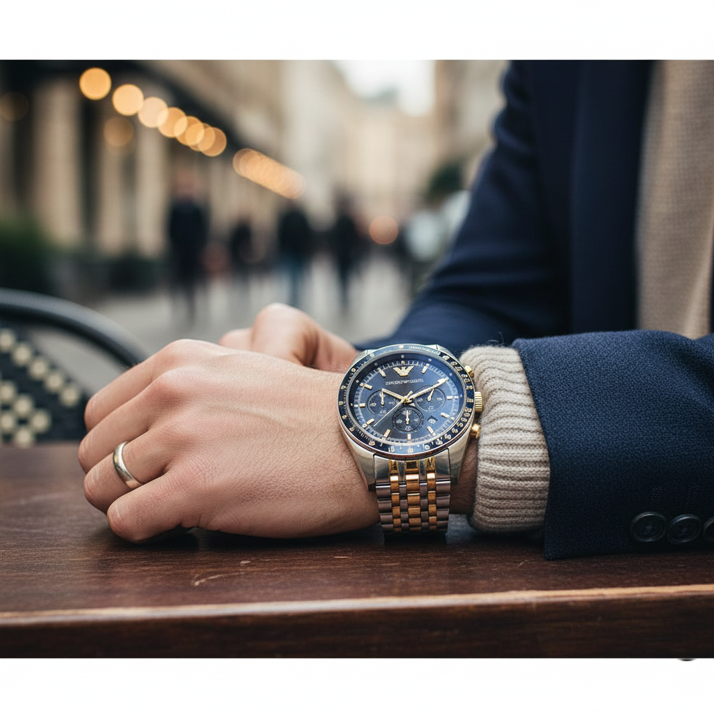 Emporio Armani AR6088 Men’s Blue Dial Two-Tone Stainless Steel Chronograph Watch - Luxury Hub Store