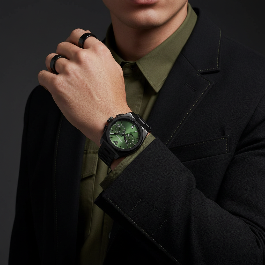 Emporio Armani AR11562 Men’s Green Dial Black Stainless Steel Federico Chronograph Watch - Luxury Hub Store