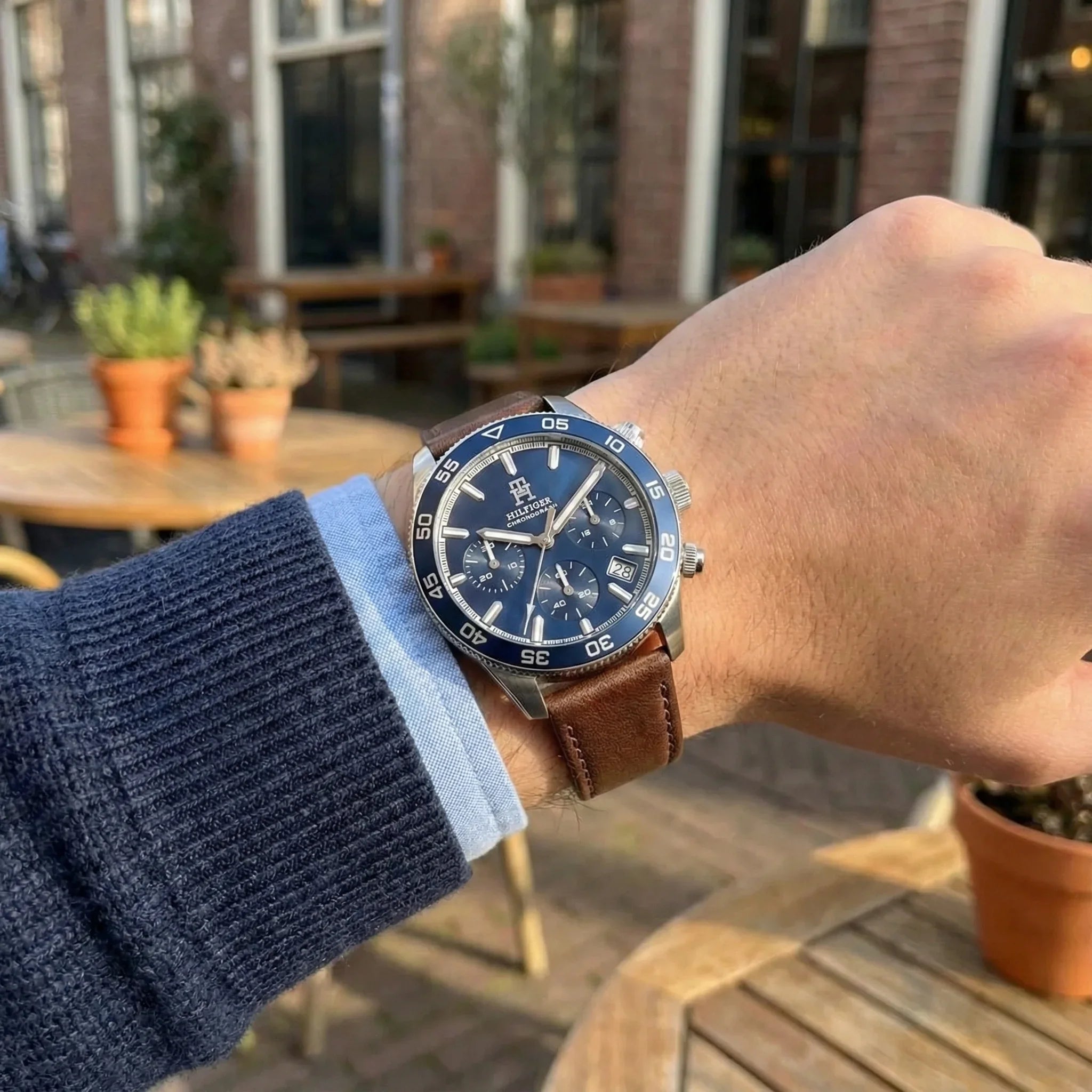 Tommy Hilfiger 1792163 Men’s Chronograph Watch – Blue Dial & Brown Leather Strap - Luxury Hub Store