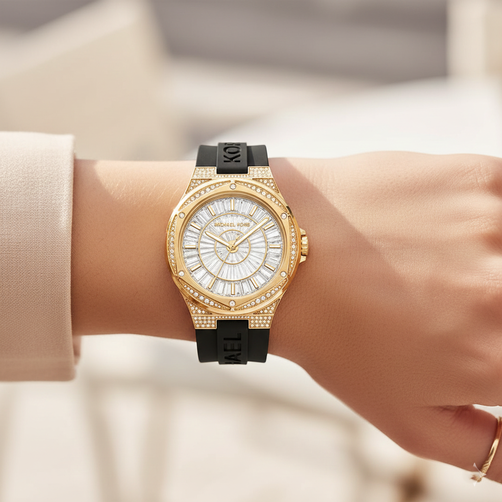 Michael Kors Camille MK7247 Women’s Gold Crystal Silicone Multi-Function Watch - Luxury Hub Store