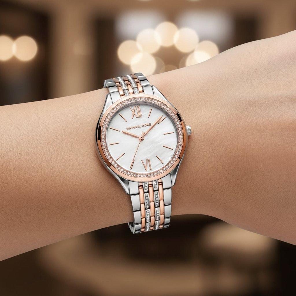 Michael Kors Mindy MK7077 Women’s Mother of Pearl Dial Two-Tone Bracelet Multi-Function Watch - Luxury Hub Store