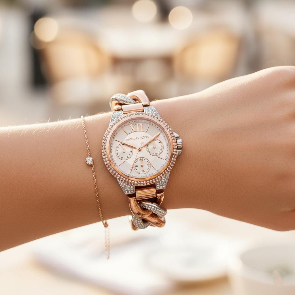 Michael Kors MK6843 Women’s Rose Gold & Silver Mini Camille Crystal Chain-Link Watch - Luxury Hub Store