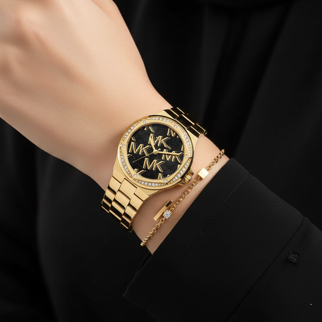 Michael Kors MK7404 Lenox Women’s Black Dial Gold Stainless Steel Watch - Luxury Hub Store