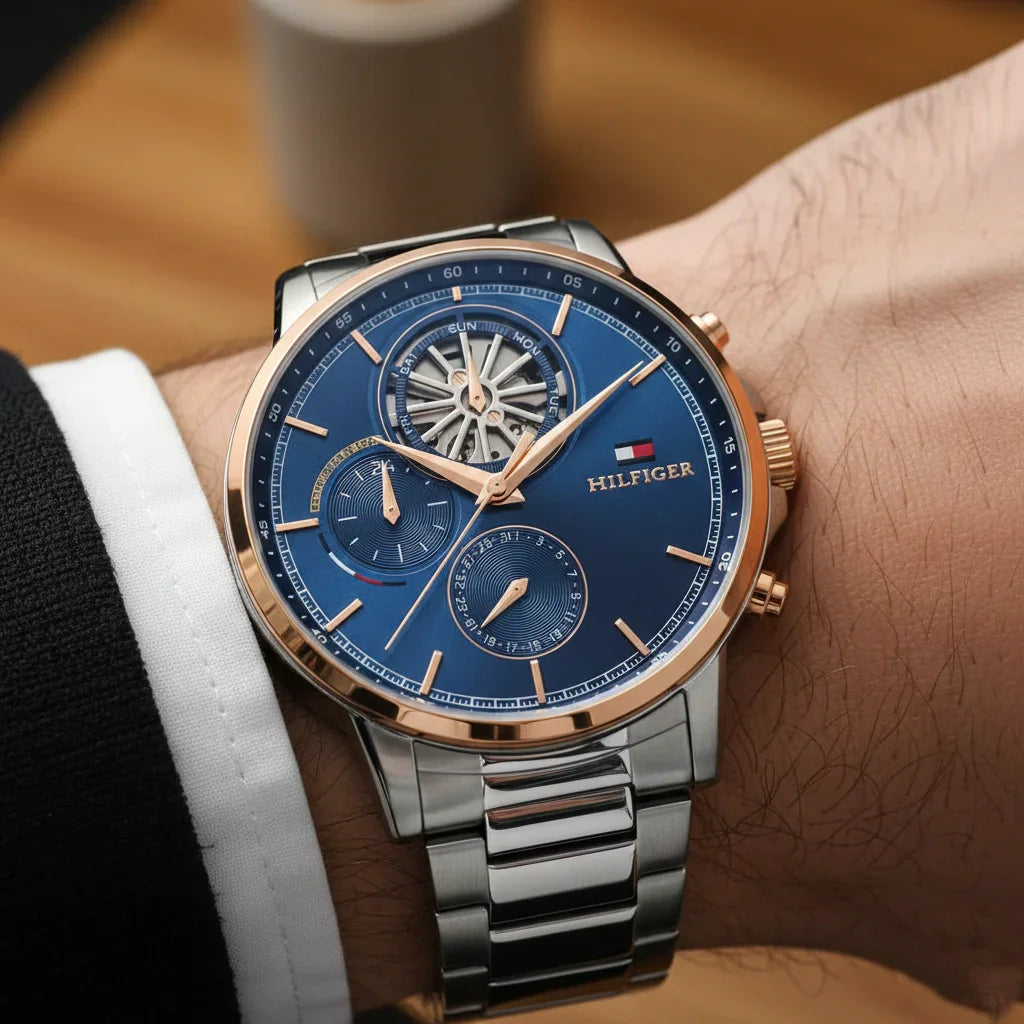 Tommy Hilfiger 1710734 Men’s Multi-Function Watch – Blue Dial & Silver/Rose Gold Stainless-Steel Bracelet - Luxury Hub Store