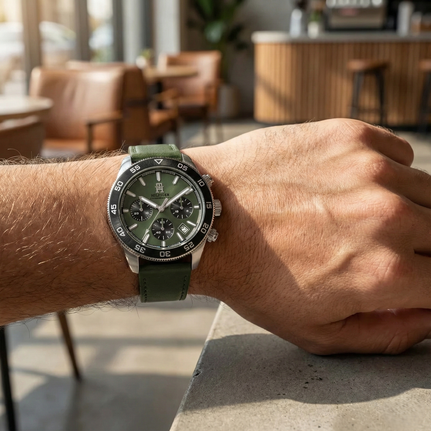 Tommy Hilfiger Chronograph Men's Watch – Model 1792188 – Green Dial & Leather Strap