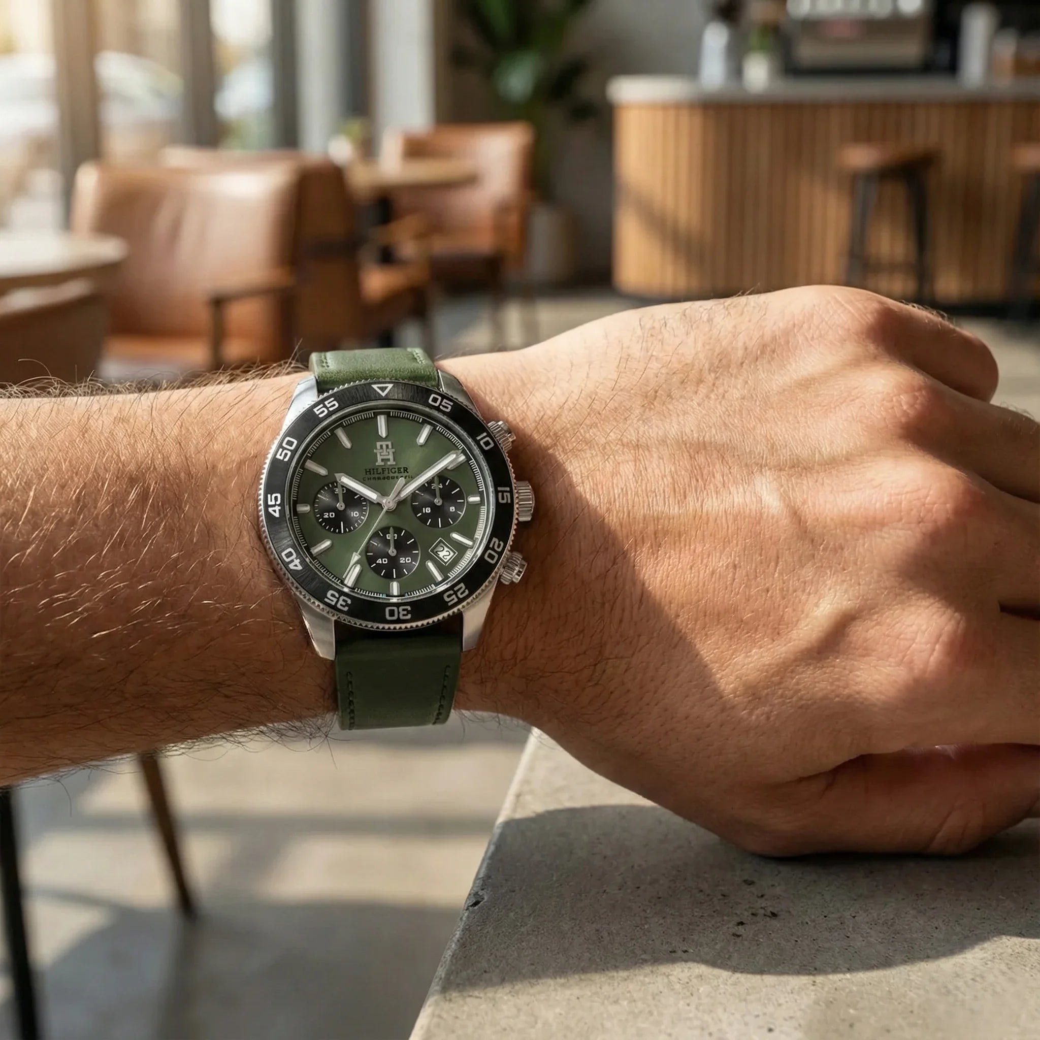 Tommy Hilfiger Chronograph Men's Watch – Model 1792188 – Green Dial & Leather Strap - Luxury Hub Store