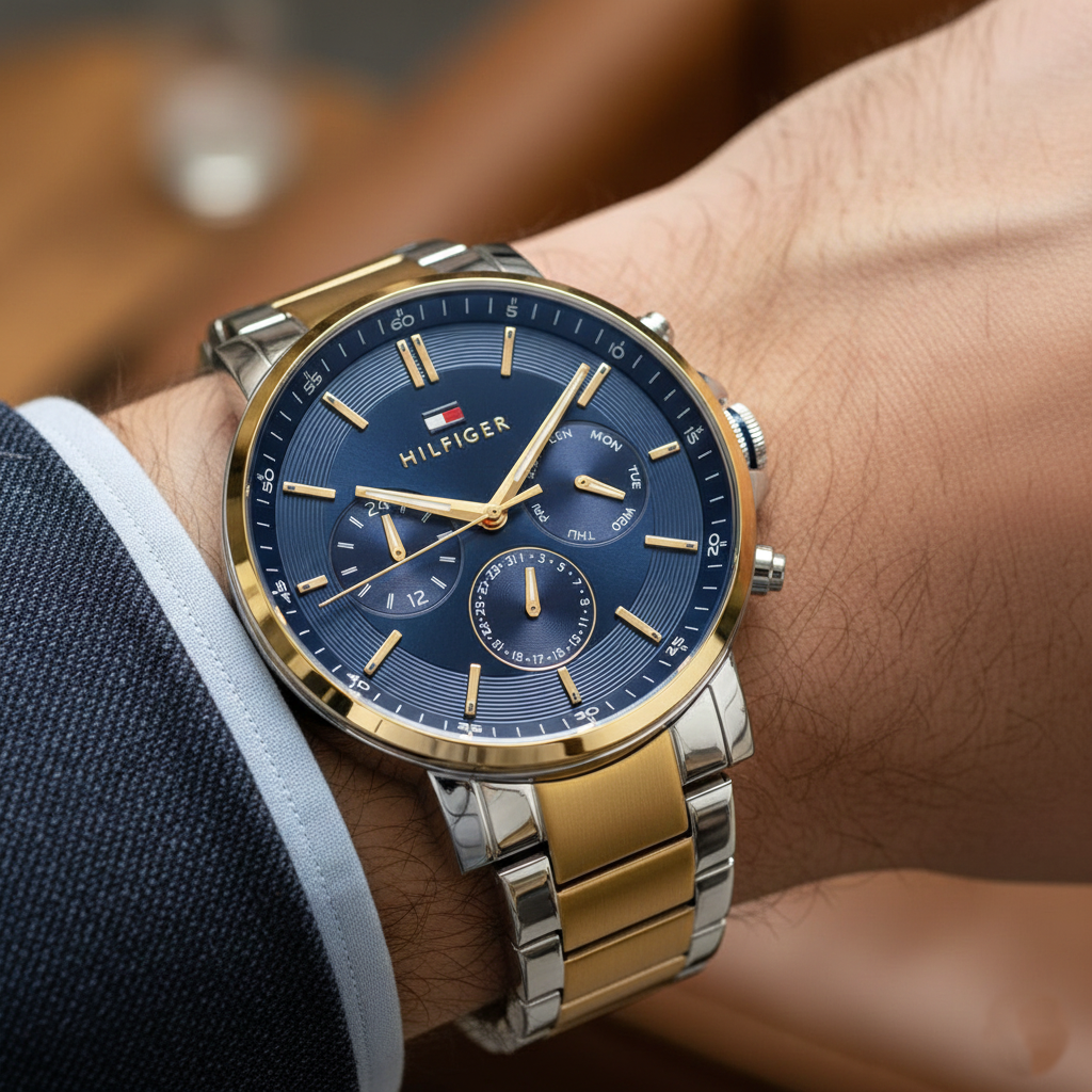 Tommy Hilfiger 1710710 Men’s Multi-Function Watch – Blue Dial & Two-Tone Gold/Silver Stainless-Steel Bracelet