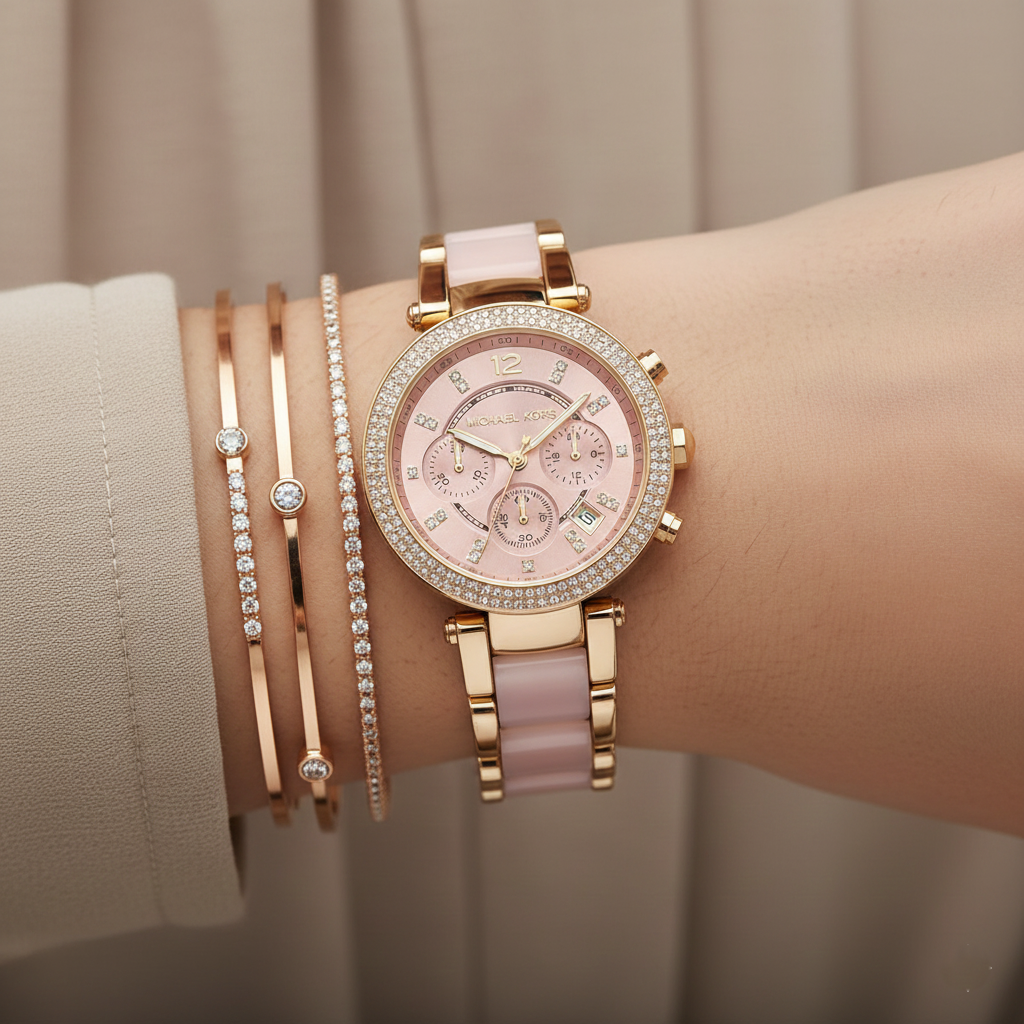 Michael Kors MK6326 Parker Women’s Blush Dial Gold Stainless Steel Chronograph Watch - Luxury Hub Store