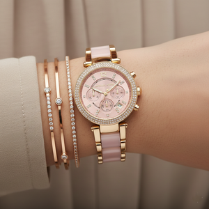 Michael Kors MK6326 Parker Women’s Blush Dial Gold Stainless Steel Chronograph Watch - Luxury Hub Store