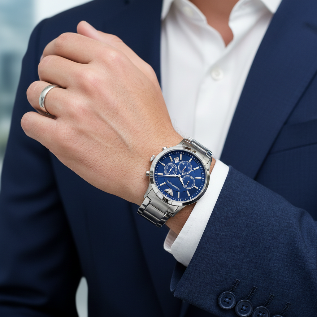 Emporio Armani AR2448 Men’s Blue Dial Stainless Steel Renato Chronograph Watch - Luxury Hub Store